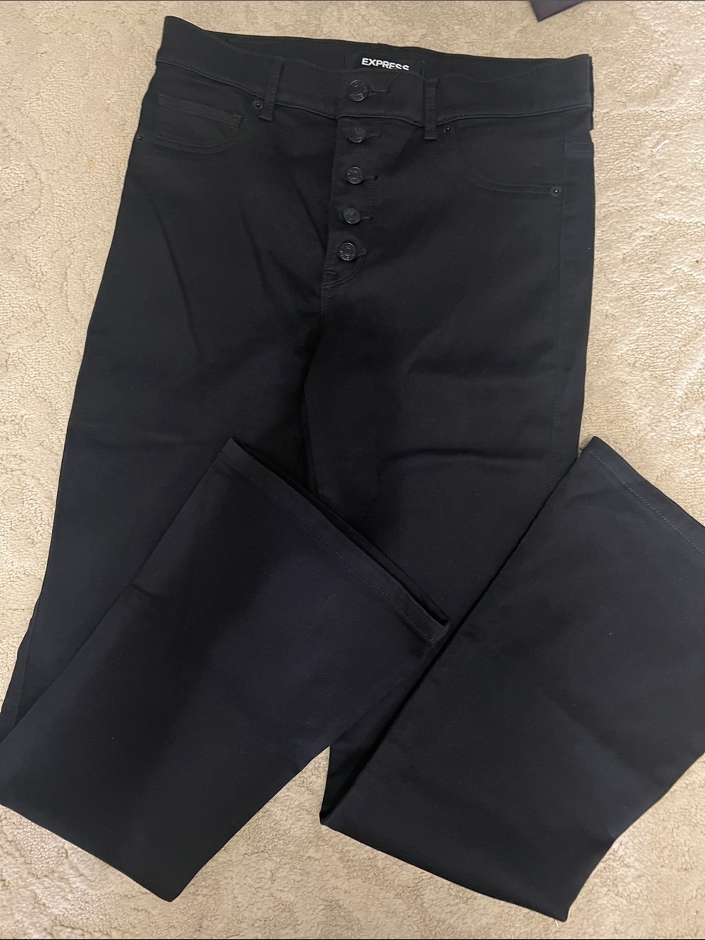 Express Black High-Rise Button-Fly Slim Flare black high stretch khaki